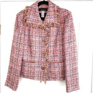 Jones NewYork Women’s Tweed Blazer Jacket Size 14 Pink Multicolor Fringed Bouclé